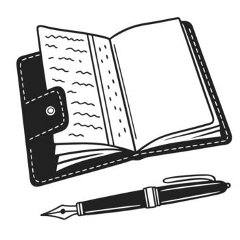 Minimalist illustration of an open journal with handwritten lines and a pen resting on a warm paper background